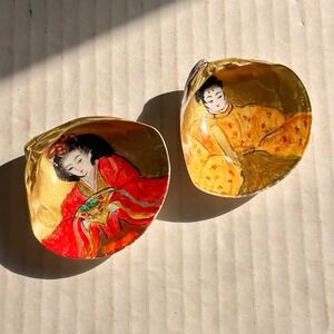 Vintage Hand Painted Geisha Seashell Dishes Trinket Decorative‎ Plates